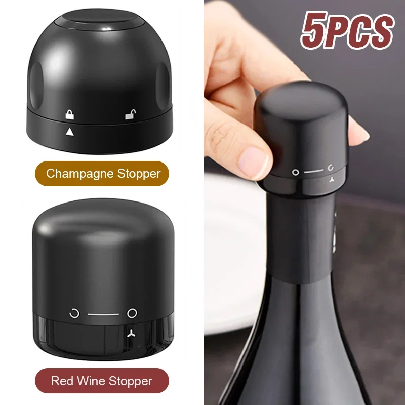 Wine Preservation Pump - 1–5 Stück vakuumversiegelte Weinflaschenverschlüsse, Champagnerverschlüsse, auslaufsicher