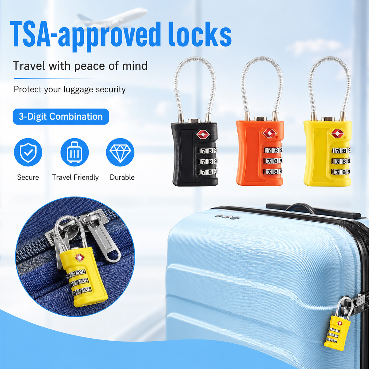 Home Bargains - TSA-zugelassenes Gepäckschloss, 3-stelliges Kombinations-Kabelschloss für Koffer,